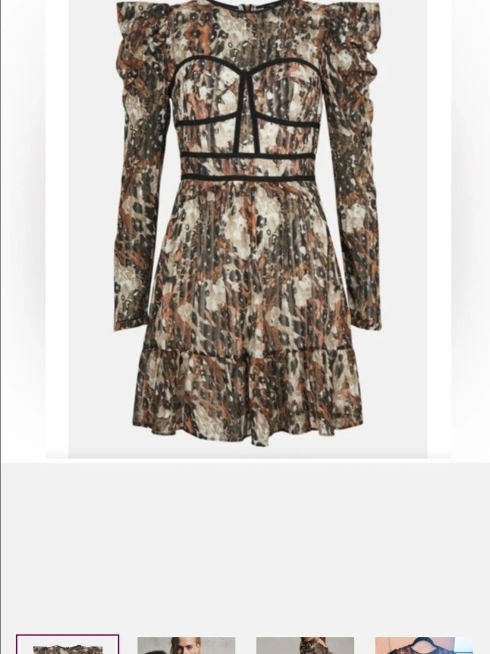 Karen Millen Brown Printed Long-Sleeve Tiered Mini Dress with Black Trim
